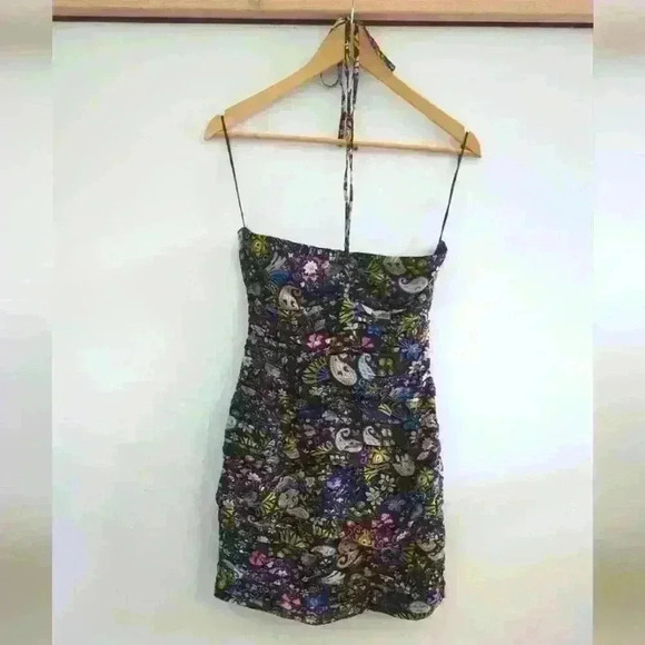 ZARA | Women's Black w/ Multicolor Floral Draped Halter Mini Dress - Picture 1 of 5